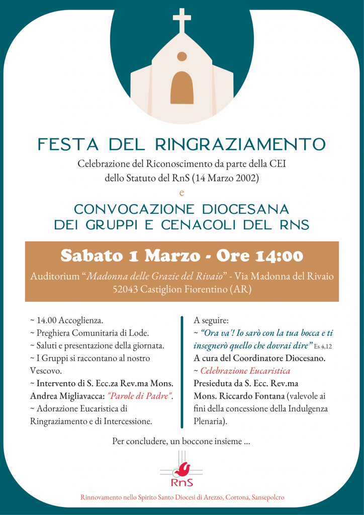 Il 14 marzo non è un giorno qualsiasi per il Rinnovamento nello Spirito Santo e chi vive l’esperienza del Movimento lo sa bene. La “Festa del Ringraziamento” costituisce una tappa fondamentale di un percorso in cui il Signore ha tracciato, passo dopo passo, una via maestra nel cammino di maturità ecclesiale, la data del 14 marzo, infatti, rappresenta «una vera e propria occasione propizia per ridire la nostra fede cattolica, la nostra testimonianza carismatica, l’importanza di essere, nella Chiesa e per la Chiesa, un permanente “Giubileo della Speranza”». 

